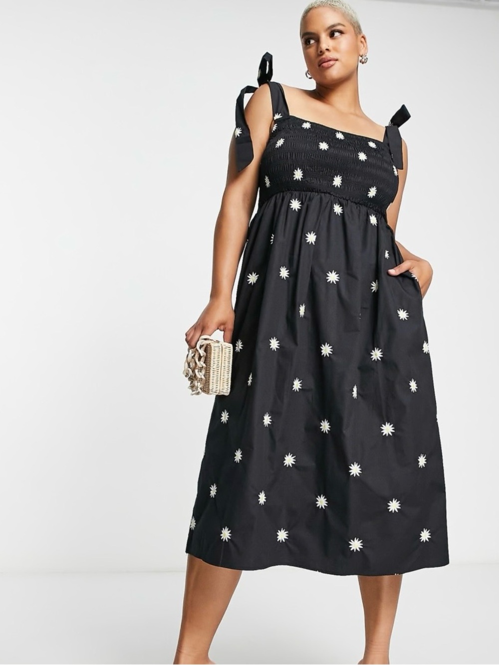 Never Fully Dressed Black Midi Dress with White Daisy Embroidery